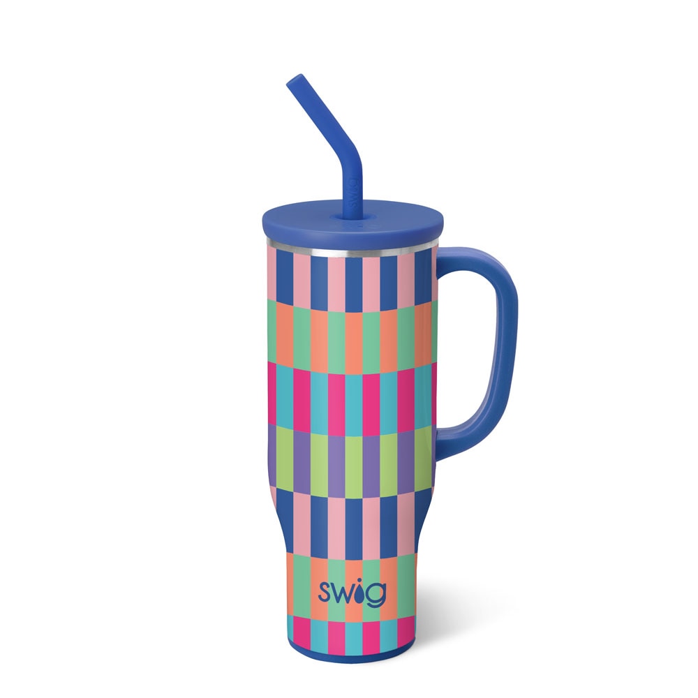 Brite Stripe 30 ounce Mega Mug with colorful check pattern and blue handle, lid, and straw