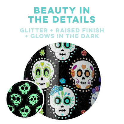 close-up of sugar skull pattern and glow in the dark feature.