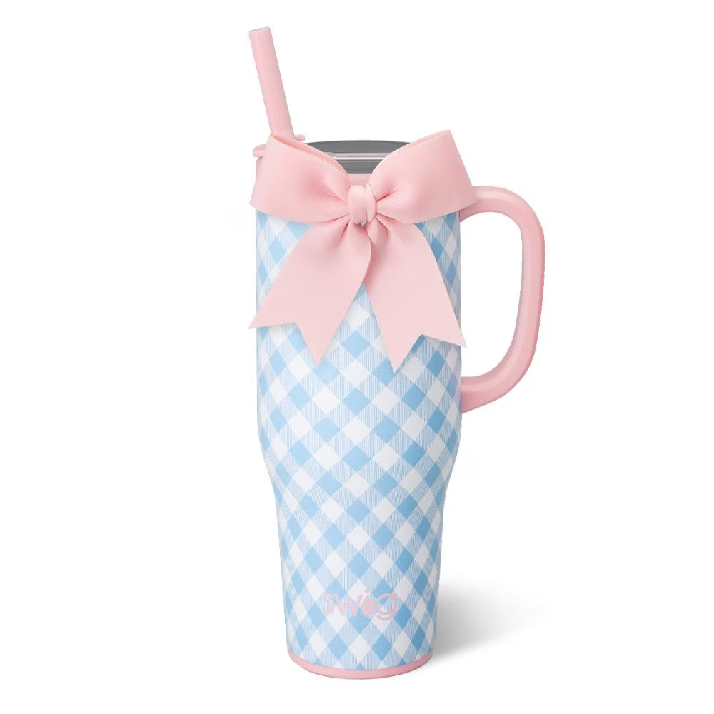 Blue and white gingham tumbler with pink straw handle and bow.