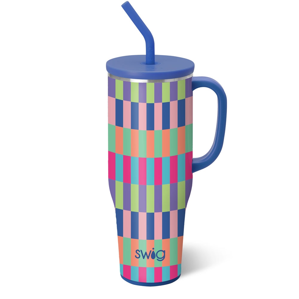 Brite Stripe 40 ounce Mega Mug with colorful check pattern
