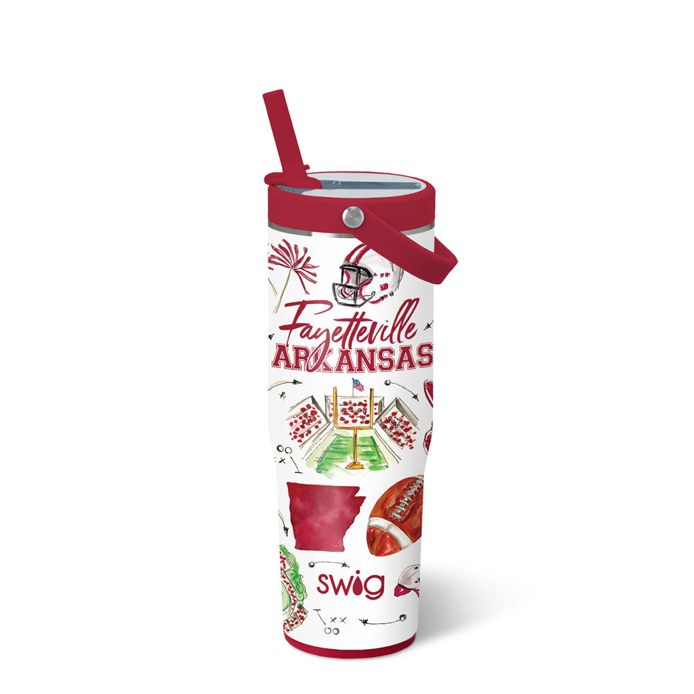 white tumble with "fayetteville ARKANSAS" and football themed graphics printed on  it and a red straw and swing handle on top