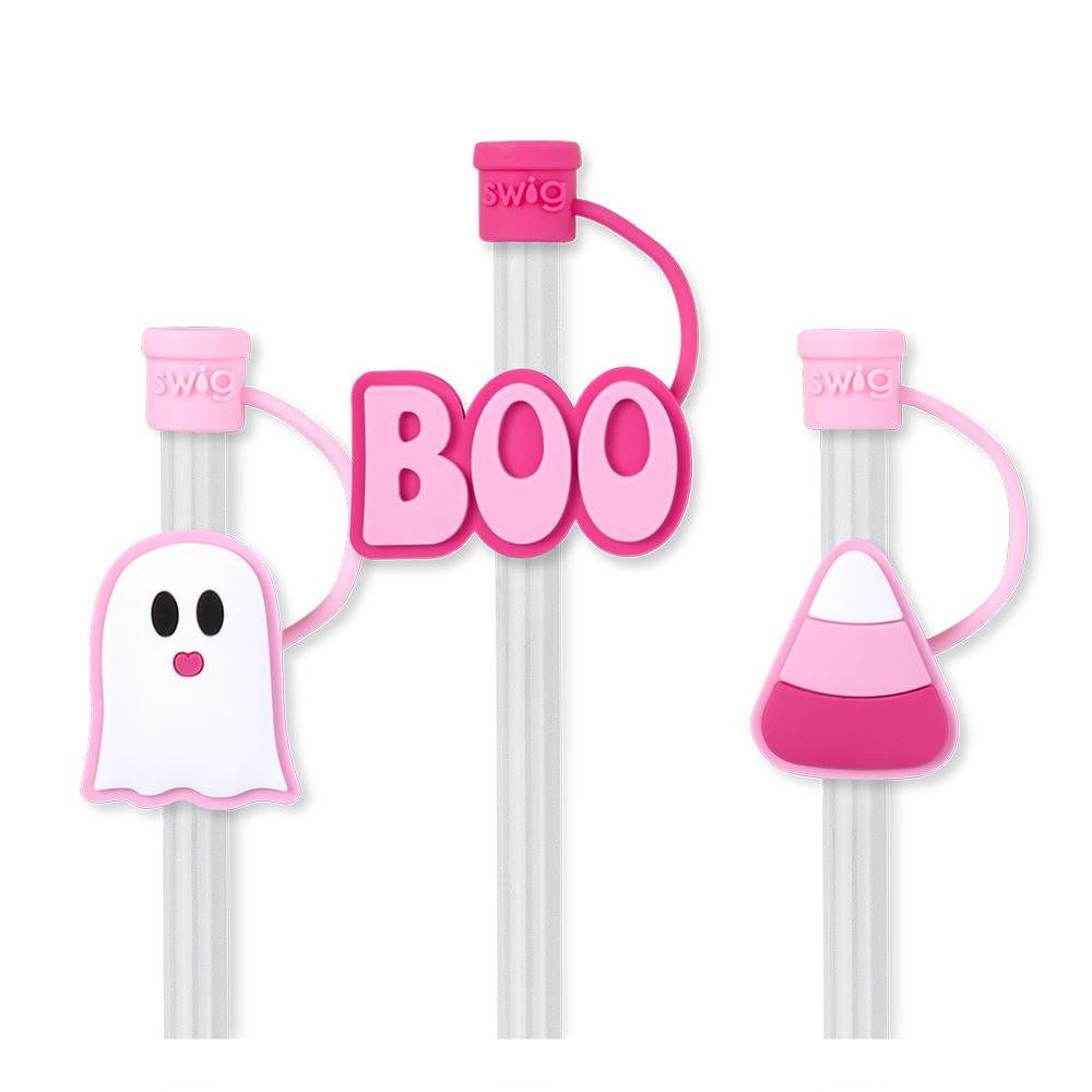 3 straws topper on straws, toppers include a ghost, "boo", and a pick candy corn.