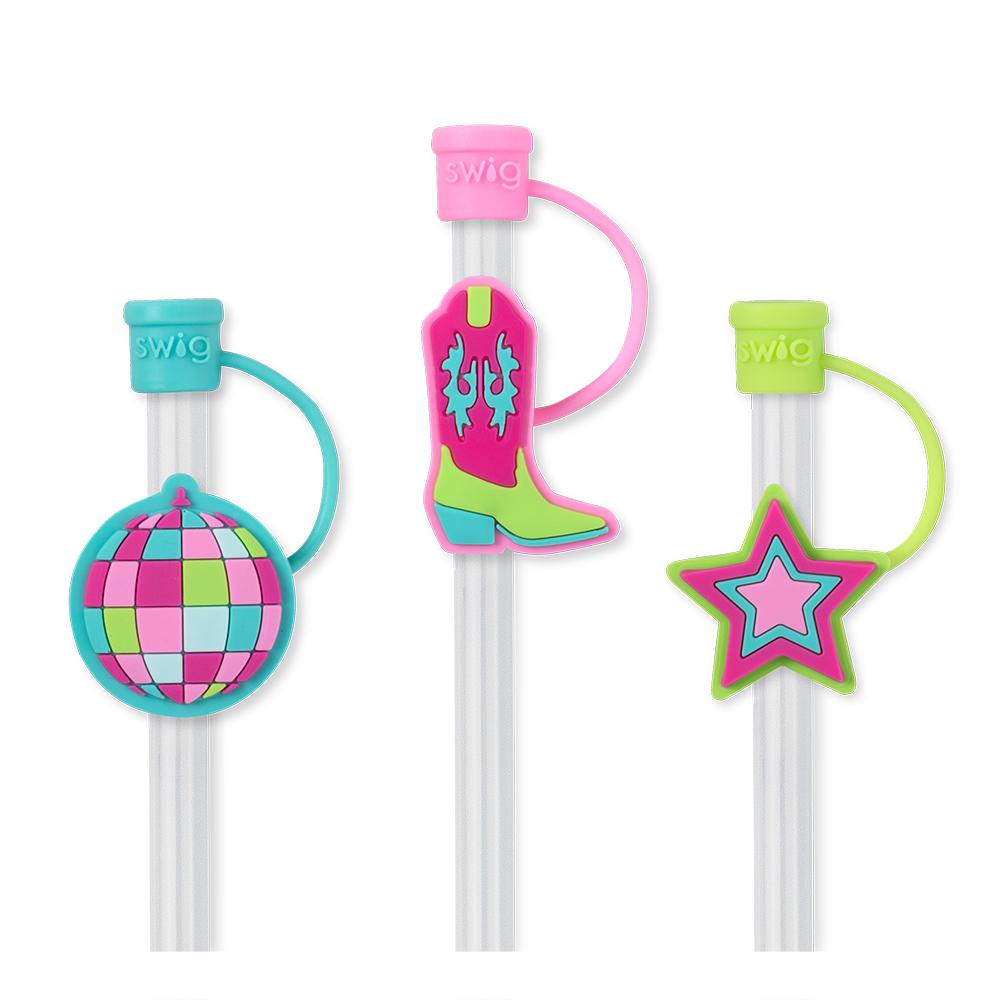 3 straws with toppers including one each of a disco ball, boot, and star in pinks, blues, and greens.