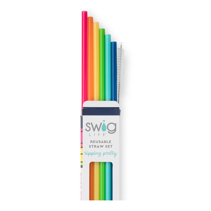 rainbow straw set partially out of the box with the straw cleaner and displayed against a white background