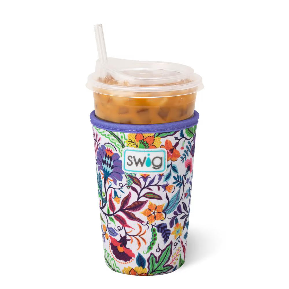 iced beverage in a a colorful floral sleeve
