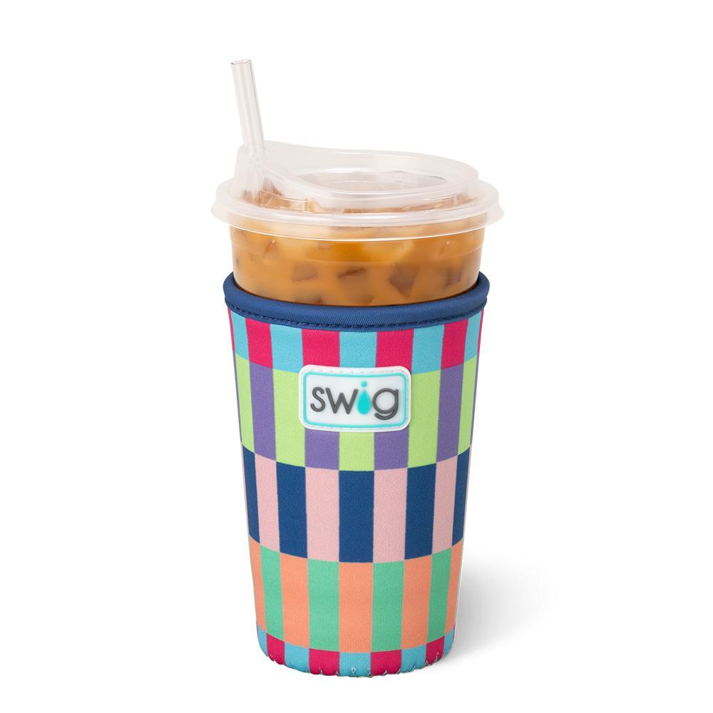Brite Stripe Iced Cup Coolie with iced beverage in it