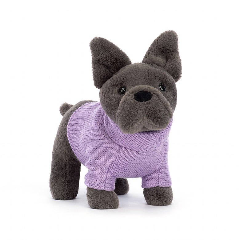 front angled view of the Purple Sweater French Bulldog Plush Toy displayed against a white background