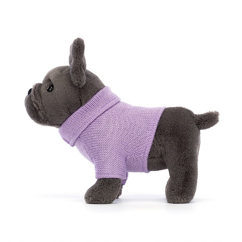 side view of the Purple Sweater French Bulldog Plush Toy displayed against a white background