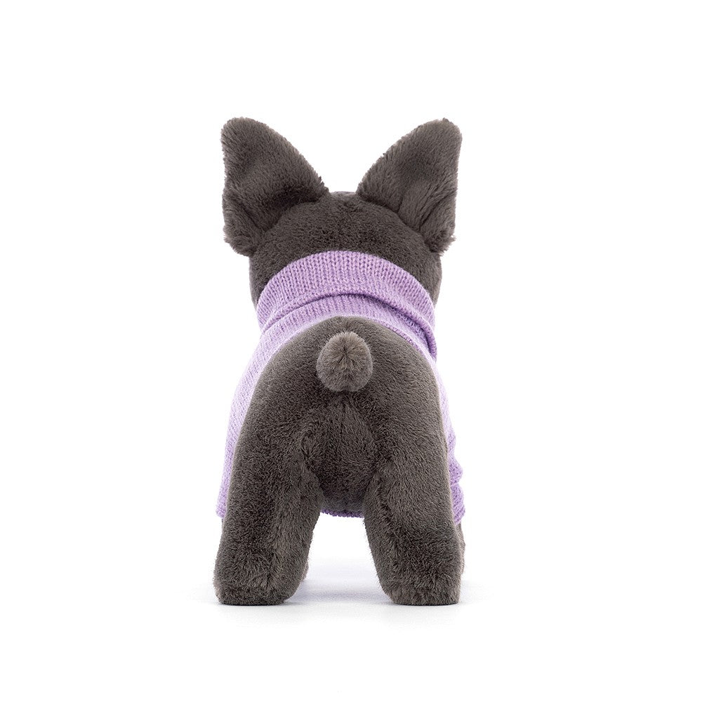 back view of the Purple Sweater French Bulldog Plush Toy displayed against a white background