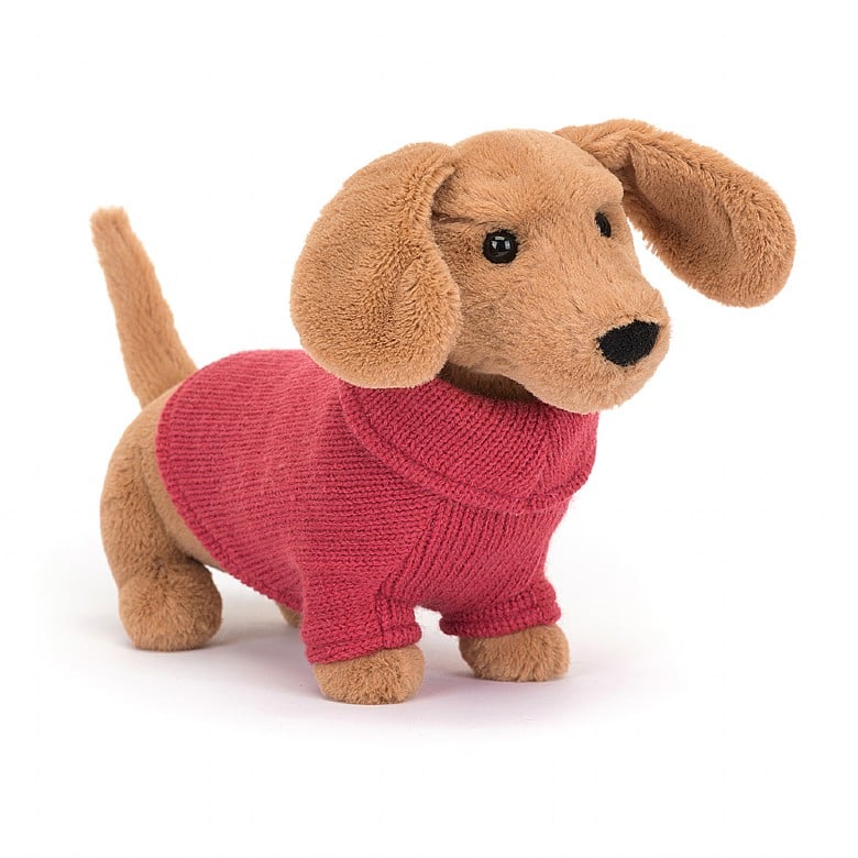 front angled view Pink Sweater Sausage Dog Plush Toy displayed against a white background