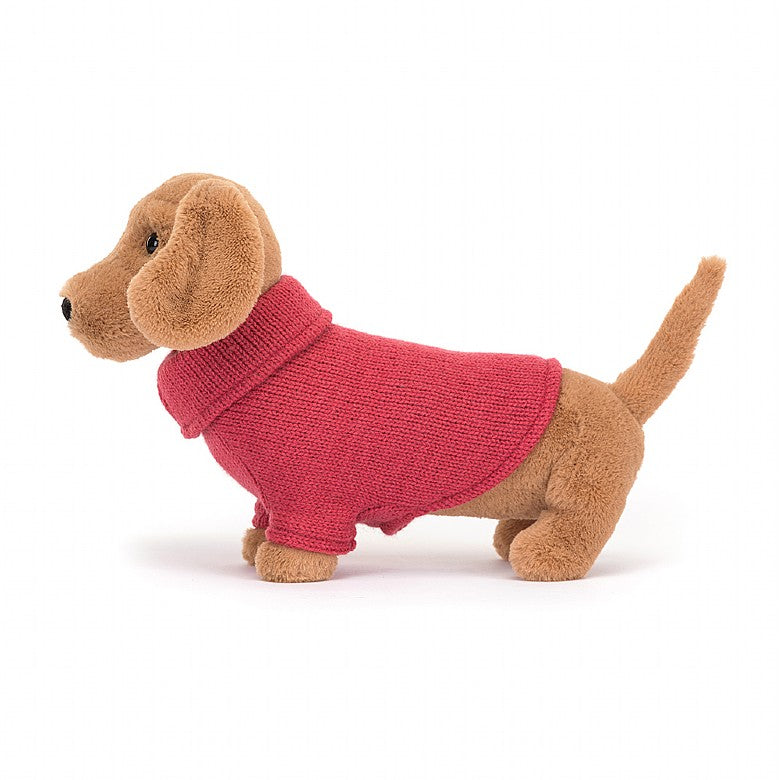 side  view Pink Sweater Sausage Dog Plush Toy displayed against a white background