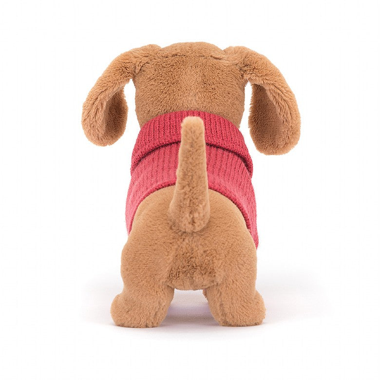 back  view Pink Sweater Sausage Dog Plush Toy displayed against a white background