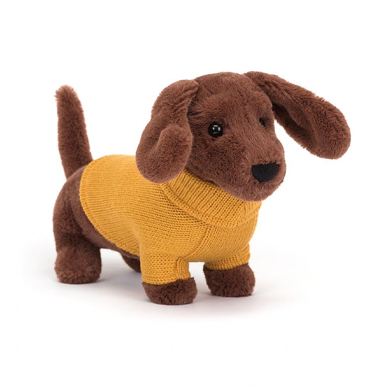 front angled view of the Yellow Sweater Sausage Dog Plush Toy displayed against a white background
