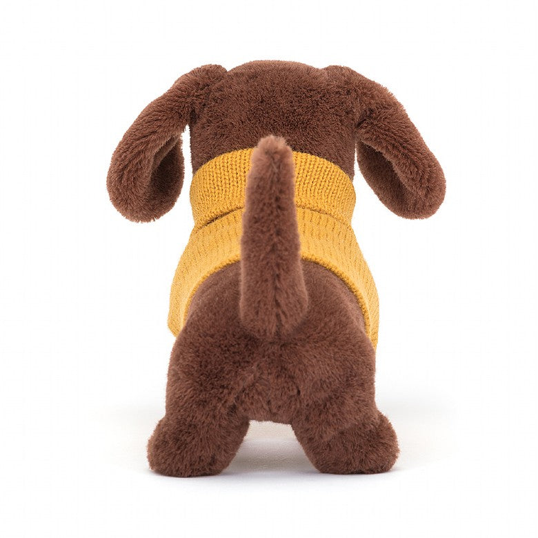 back view of the Yellow Sweater Sausage Dog Plush Toy displayed against a white background
