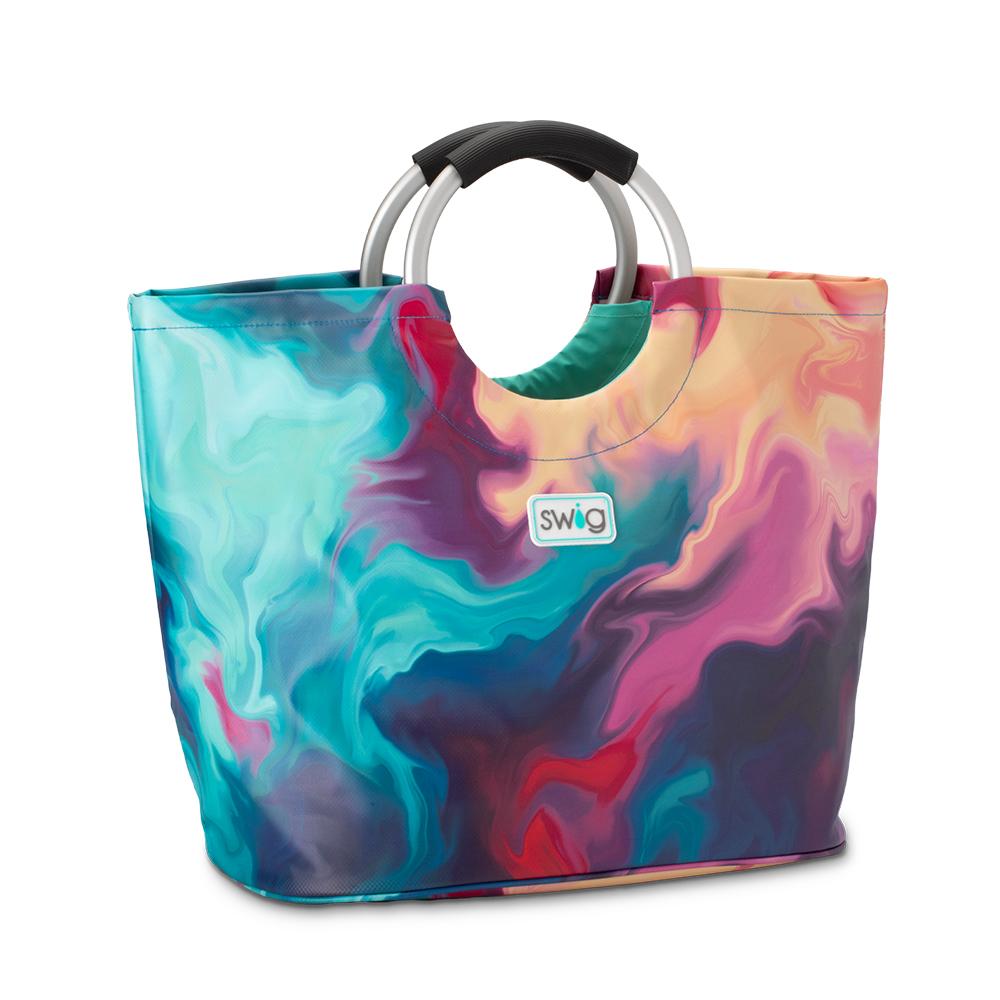 tote bag with loop handles and swirl pattern in blues, purple, and pink.