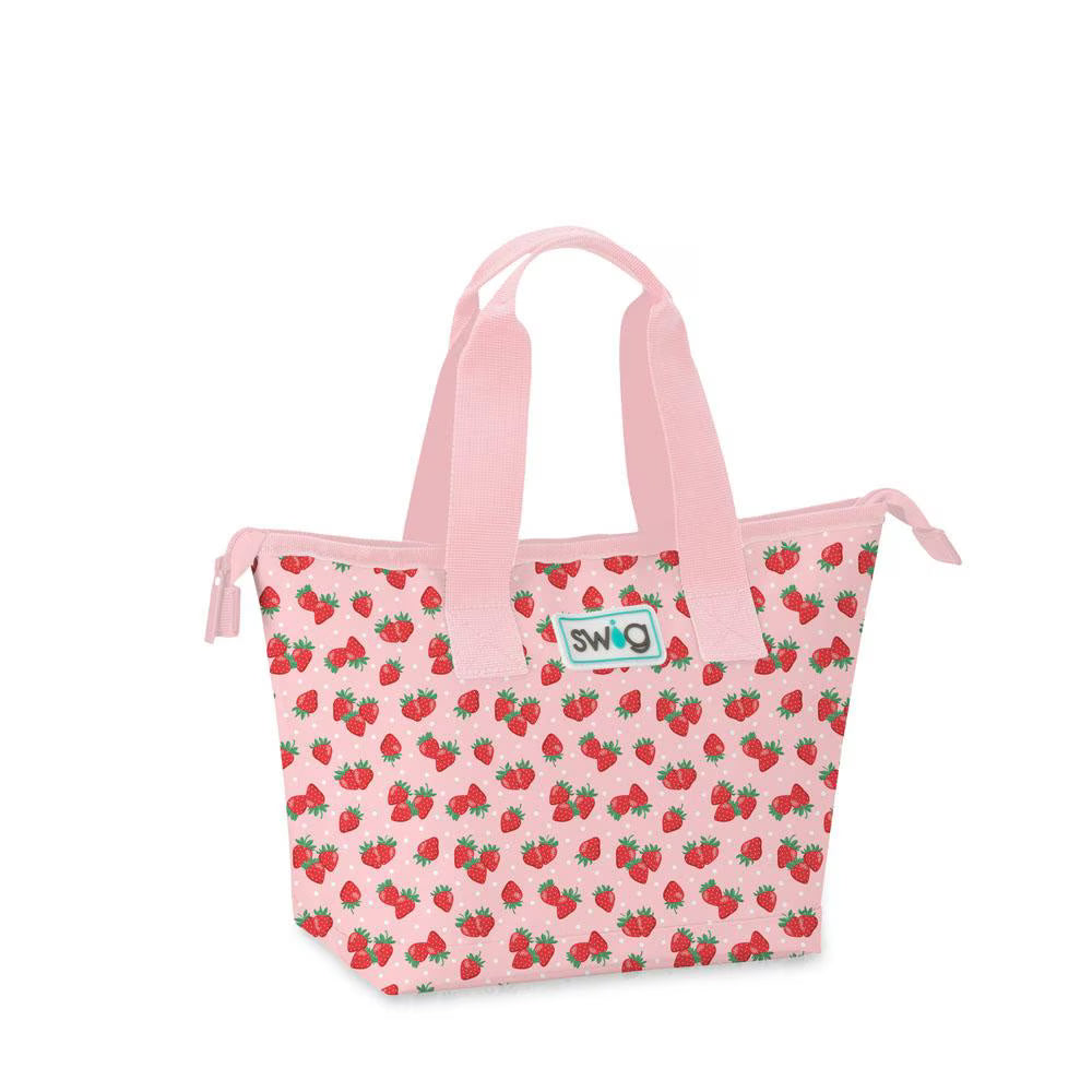 Insulated pink lunch tote with all over red strawberry design