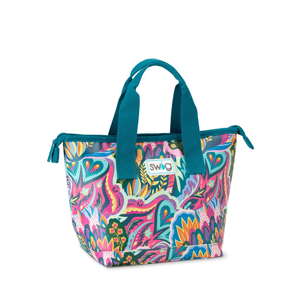 lunch bag with colorful floral pattern and teal handles and topp zipper.