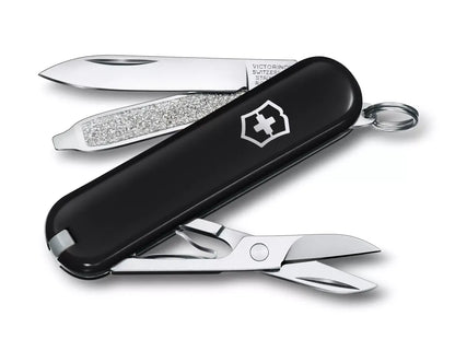 black Swiss army knife with several tools partially opened