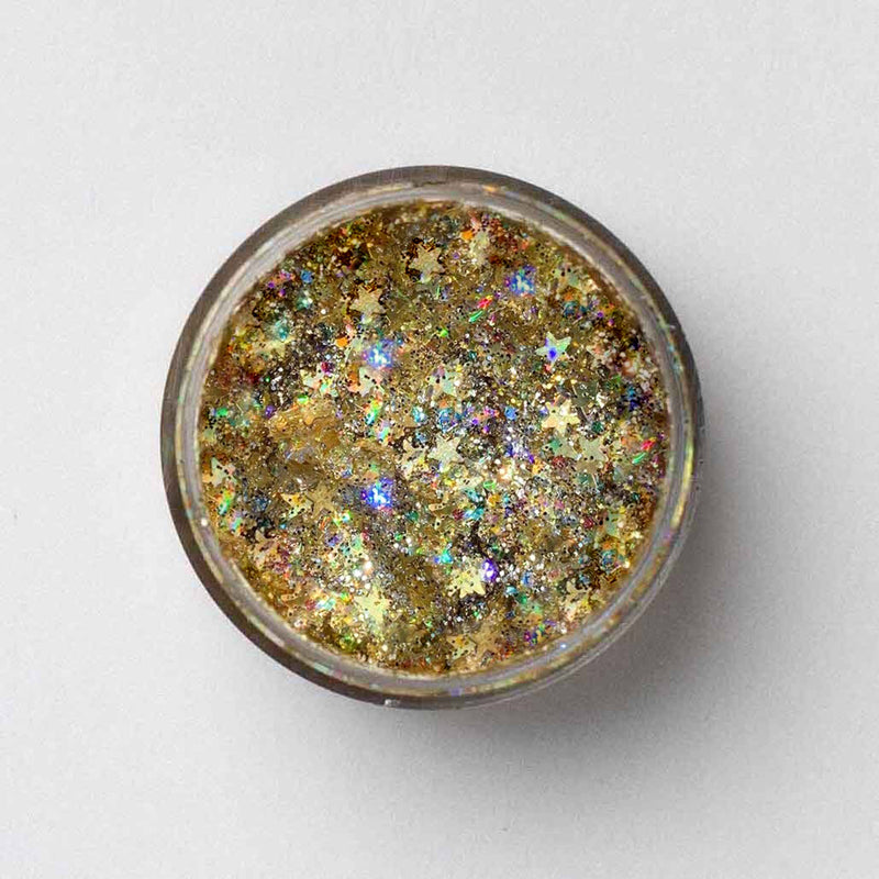 top view of open jar of galexie glister Midnight Kiss cosmetic glitter gel.