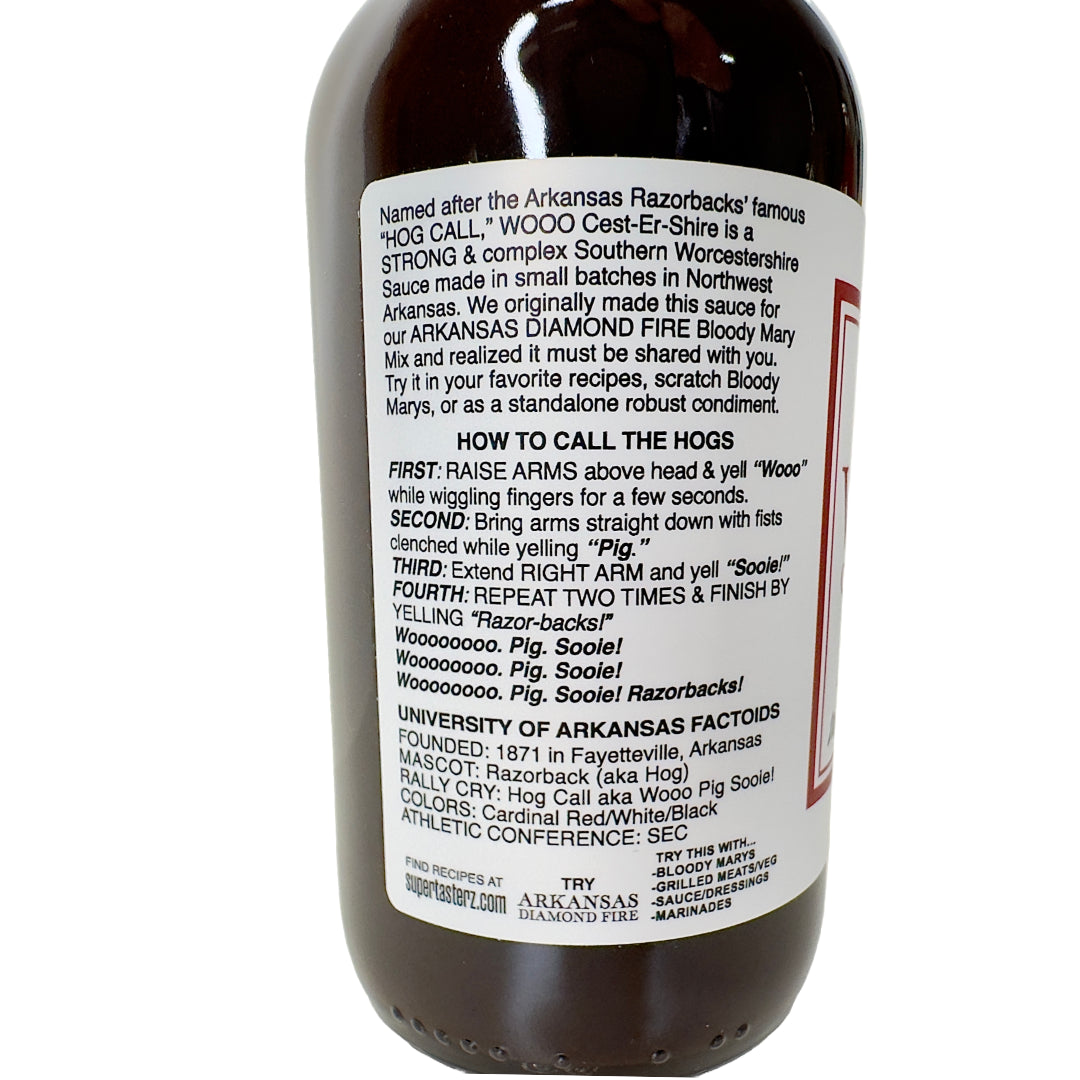 side view of label on Wooo Cest-Er-Shire - Strong Southern Worcestershire Sauce