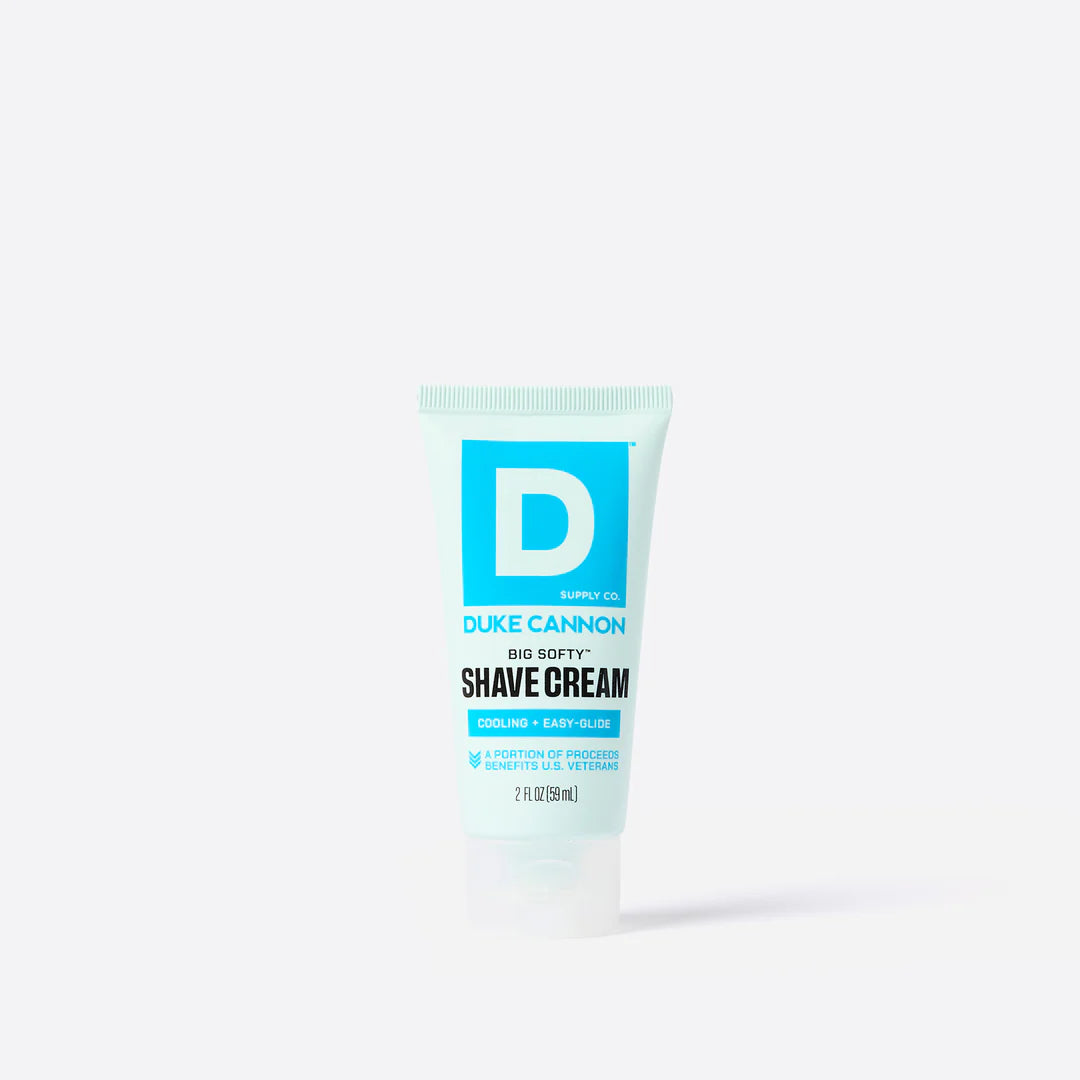 Tube of Duke Cannon shave cream on a white background
