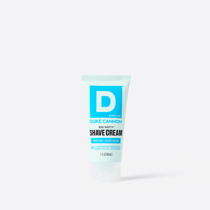 Tube of Duke Cannon shave cream on a white background