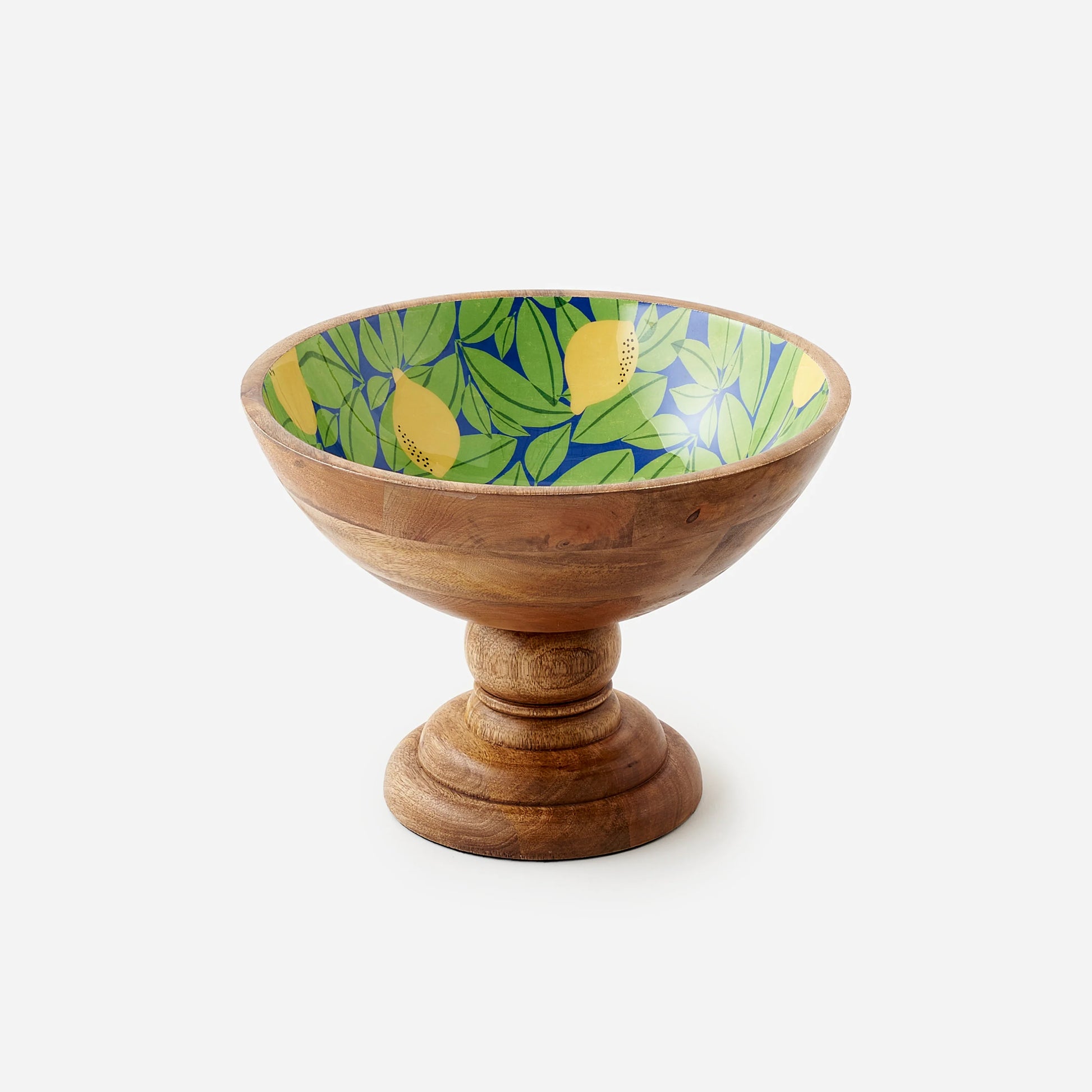 Wooden bowl with a colorful interior design of lemons shown on a white background