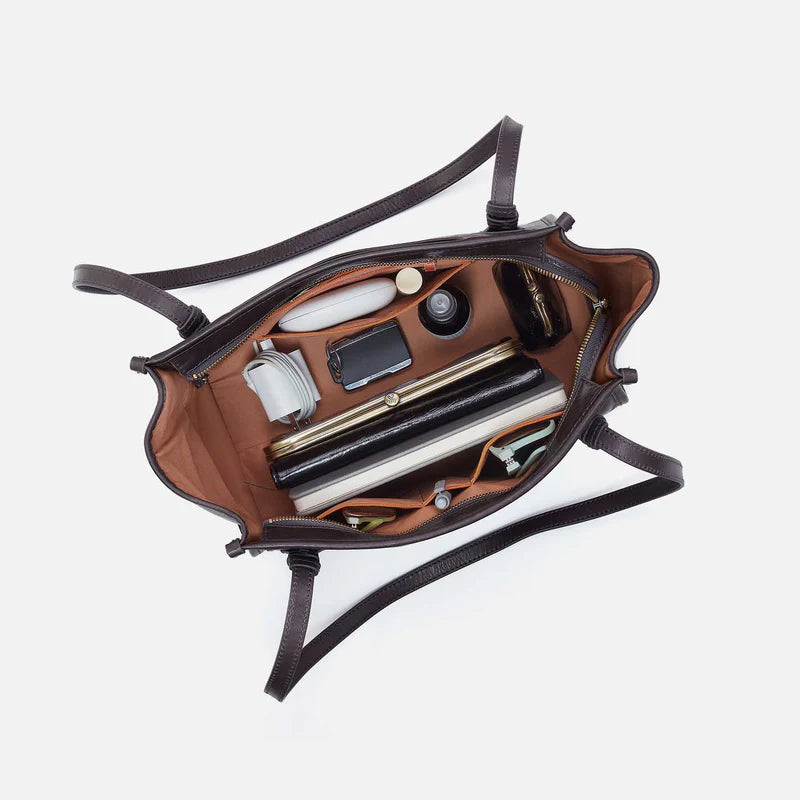 top down view with items in the expedition small tote bag in the color flintrock