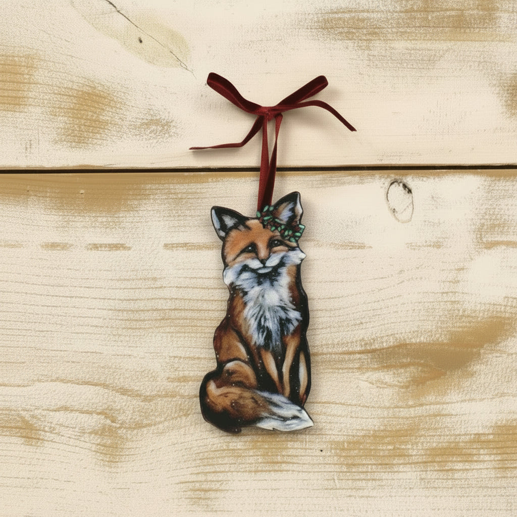 flat fox ornament with a holly branch around one ear