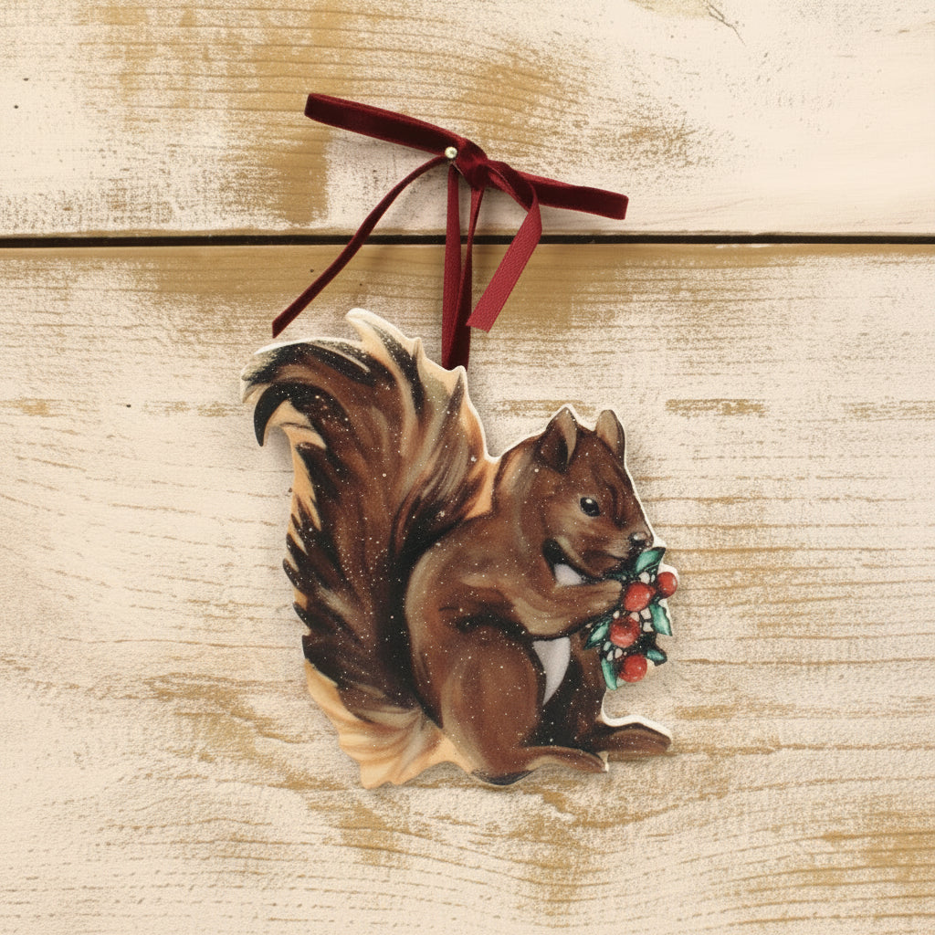 flat ornament of a squirrel holding a bough of holly (fa la la)