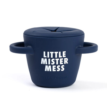 navy blue silicone snack holder with "little mister mess" printed on it in white.