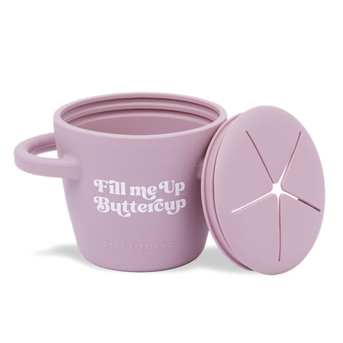 lavender container with 'Fill me Up Buttercup' text and its lid set next to it
