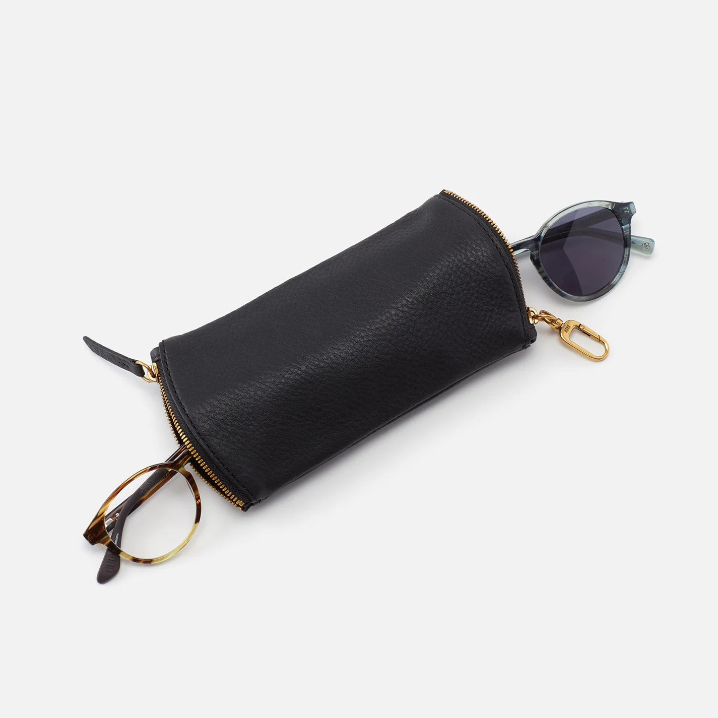 black pebbled leather Spark Glasses Case with glasses coming out of both ends