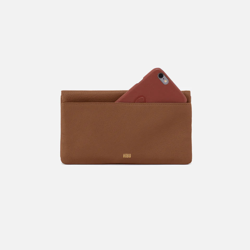 back view of timber brown lumen continental wallet with phone in slot pocket