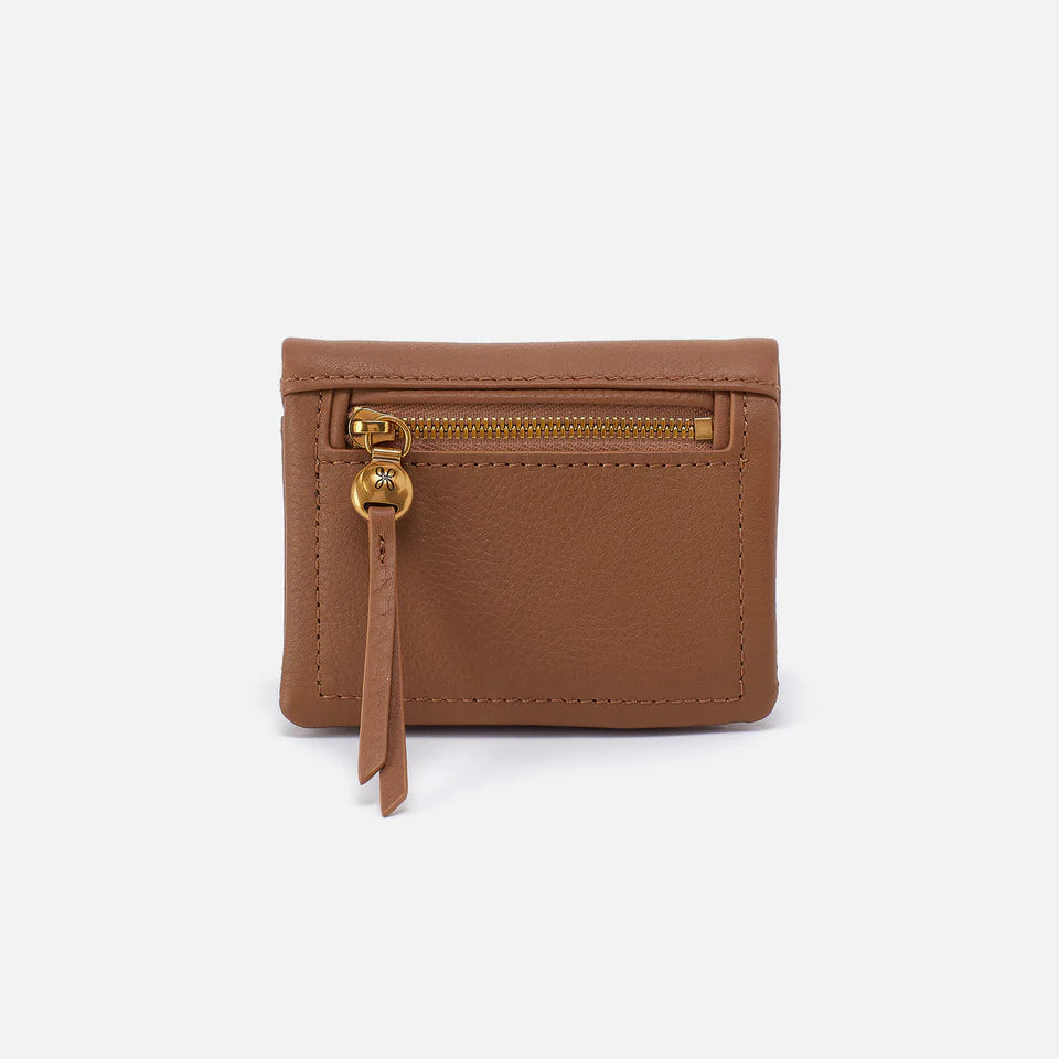Brown wallet with a gold zipper on a white background