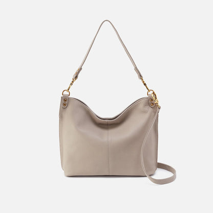 front view of taupe pier bag.