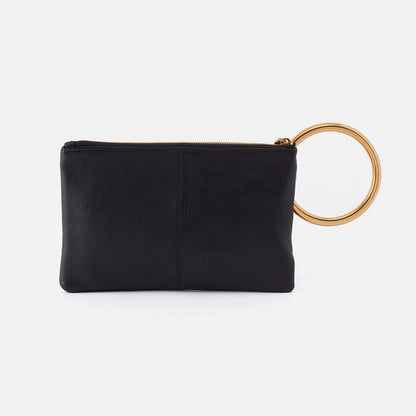back view of black shelia ring clutch on a white background.
