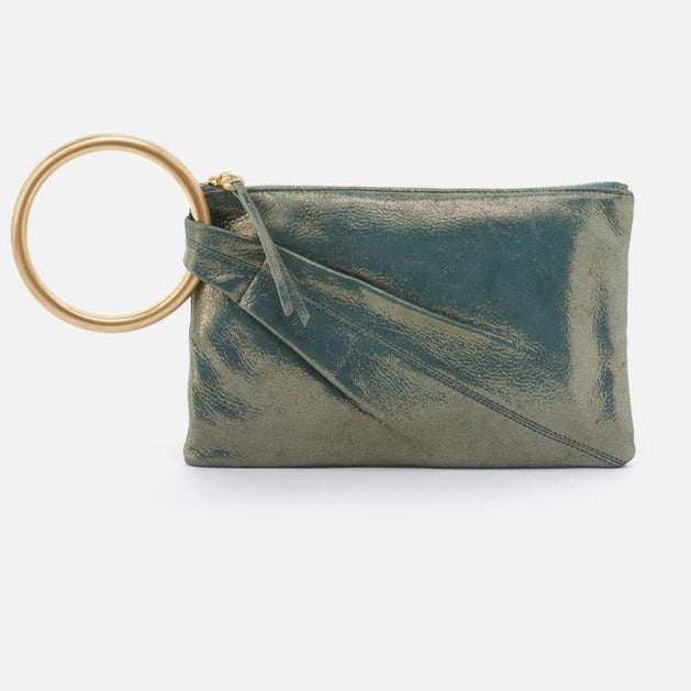 evergreen shimmer shelia ring clutch on a white background.