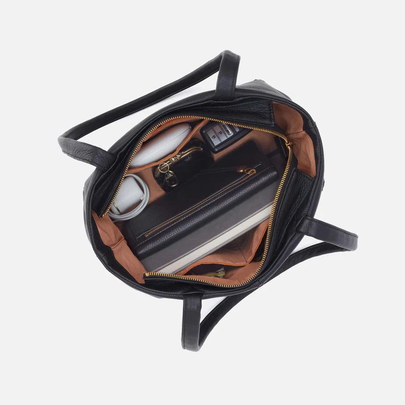 top down view of the the Austin Tote in black showing the items inside