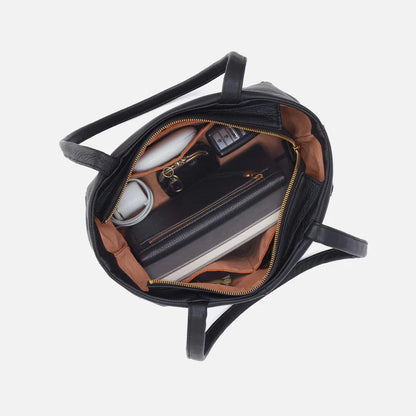 top down view of the the Austin Tote in black showing the items inside