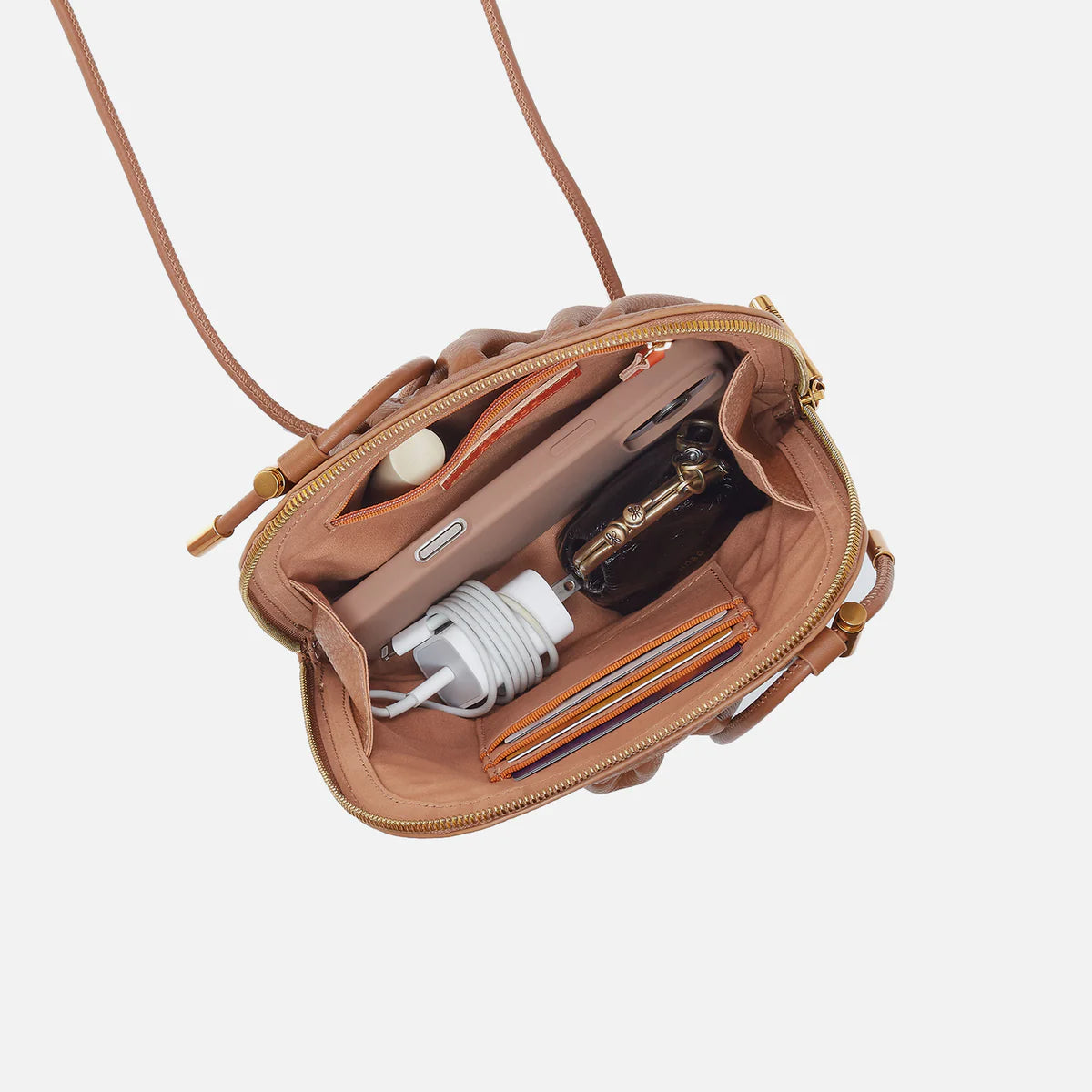 Isabelle Crossbody in the color timber open to show space