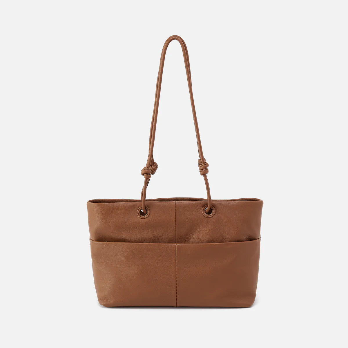 softie tote in timber brown back view with long handles showing large exterior pocket