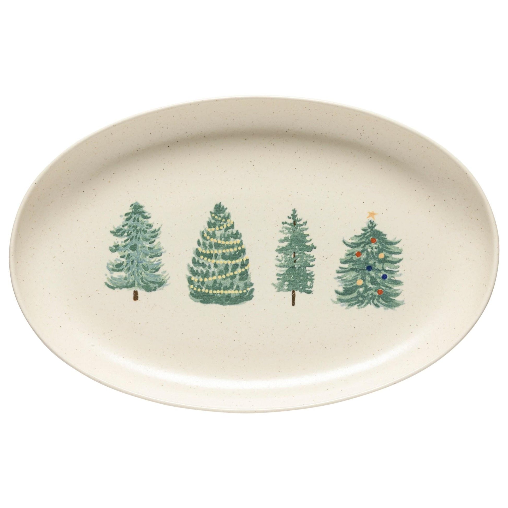 Off white oval platter with four assorted trees painted across the center.