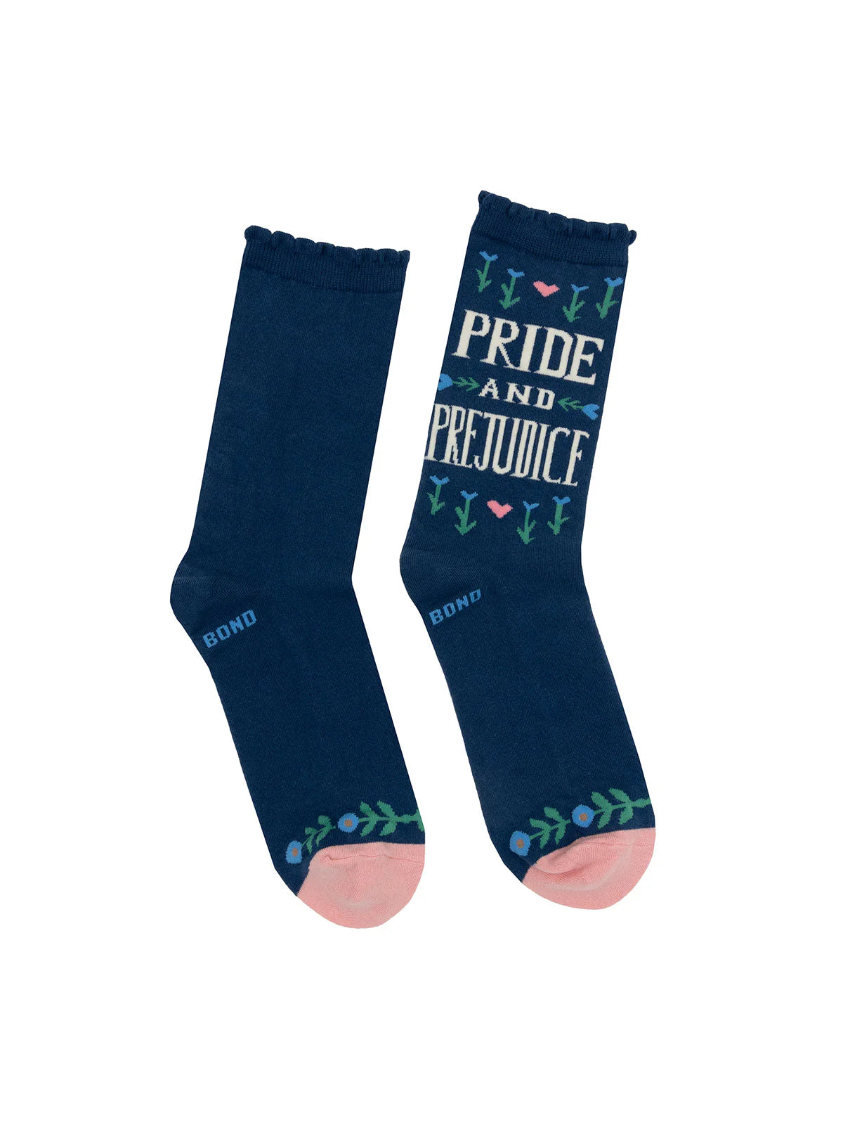 navy socks with folk flower design and white text "pride and prejudice"