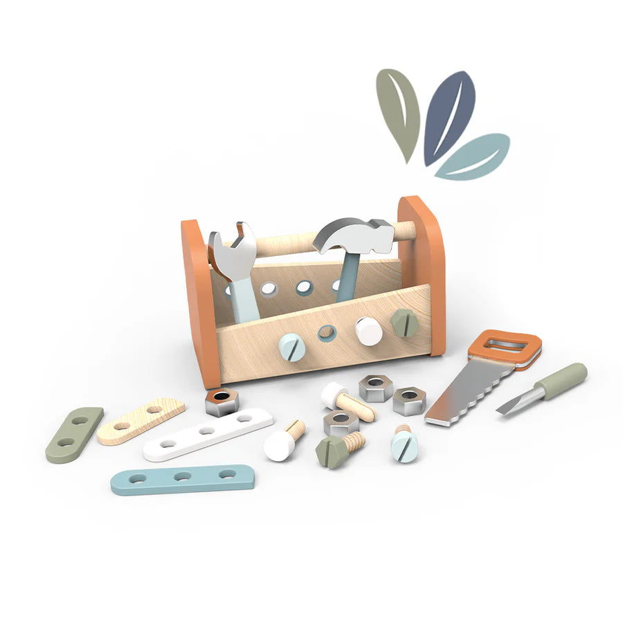 Wooden toy toolbox with tools on a white background