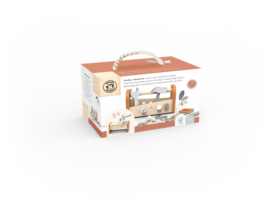 Wooden toy tool box set in its packaging on a white background