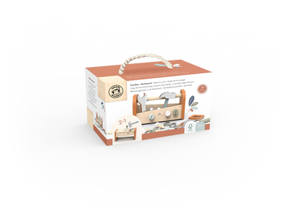 Wooden toy tool box set in its packaging on a white background