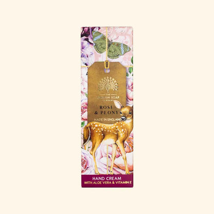 Hand cream packaging with floral design and deer illustration on a white background
