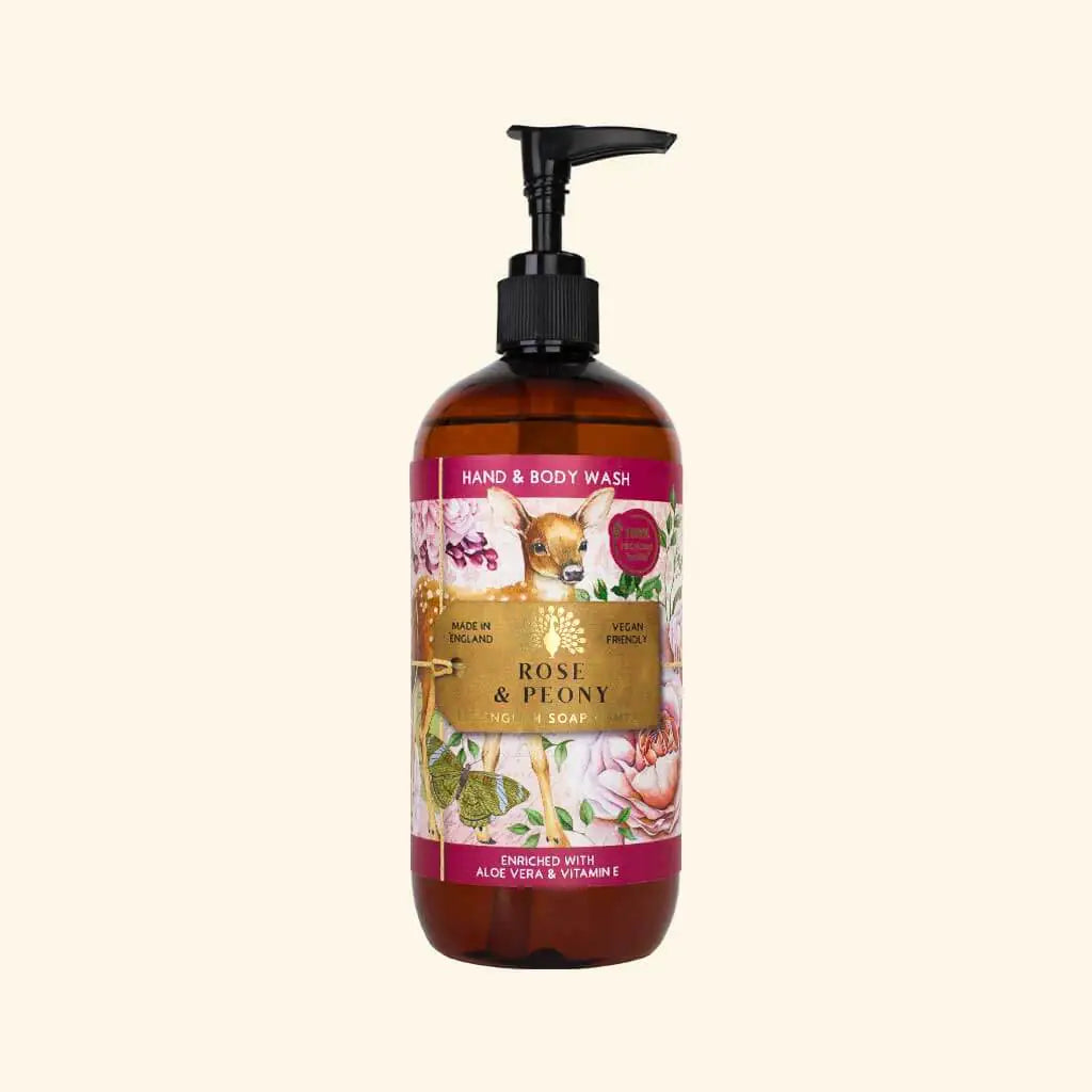 bottle of Hand and body wash with a decorative label on a white background