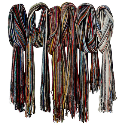 row of Cheerful Multi-Color Fringe Scarfs draped on a  white background